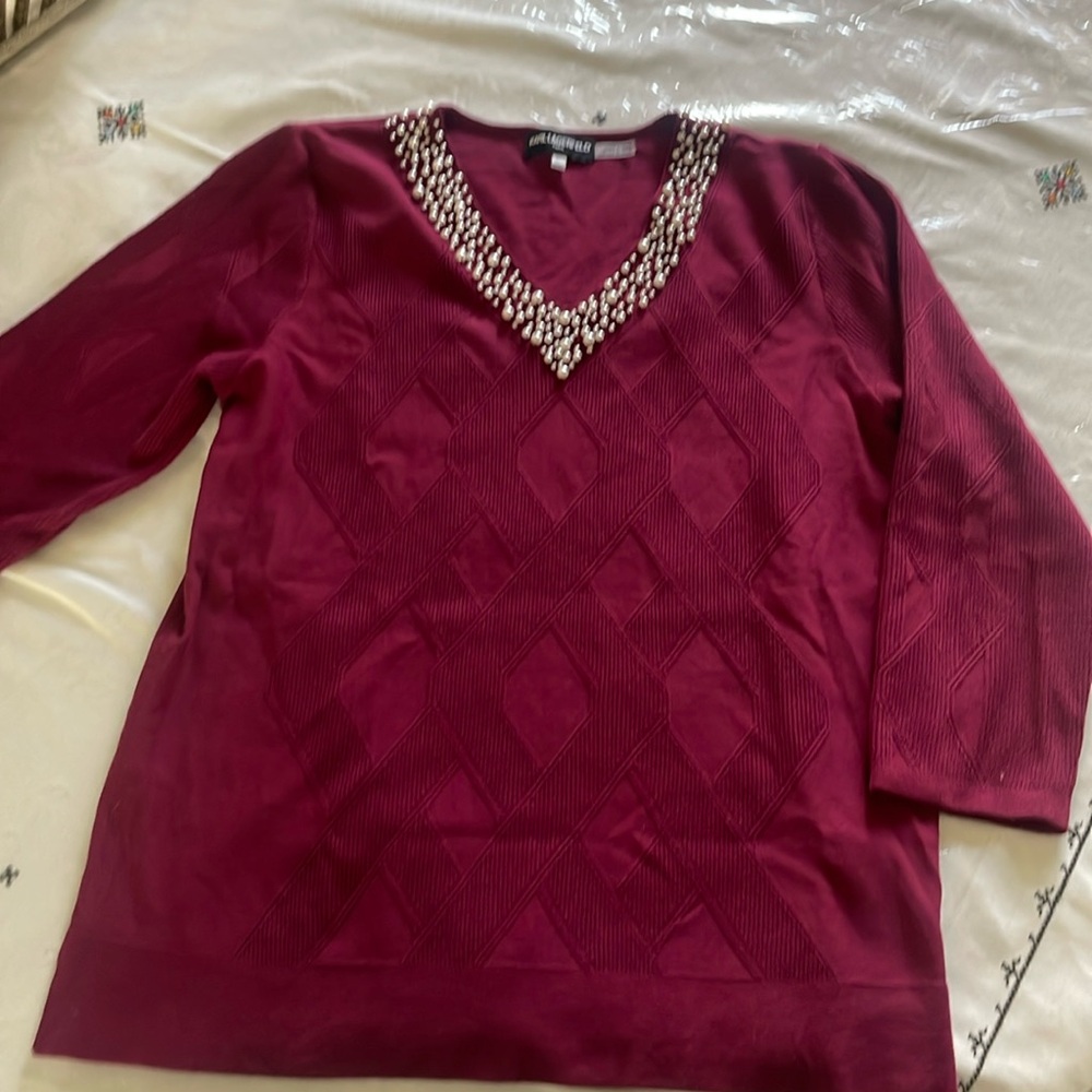 Karl Lagerfeld burgundy purplish‎ v neck sweater with pearls